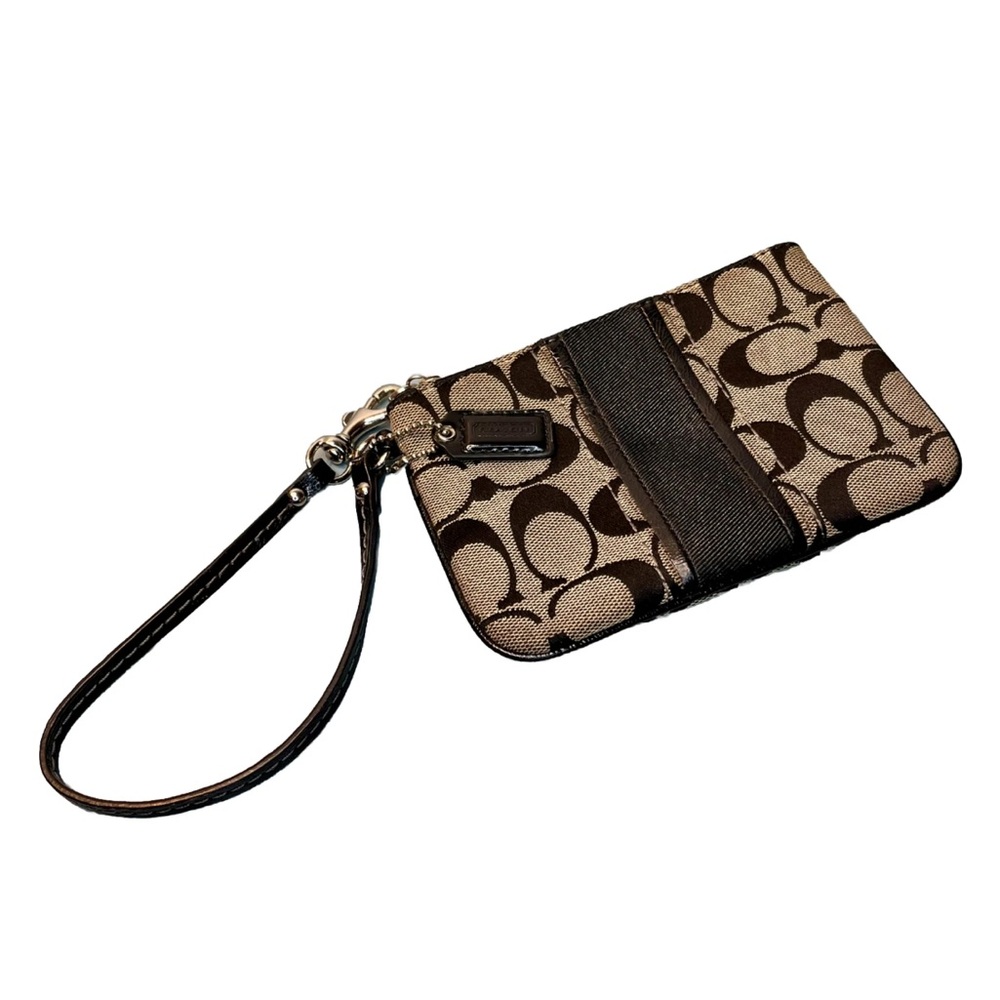 Coach Black Signature Stripe Black Patent Detail Silver HW Wristlet EUC